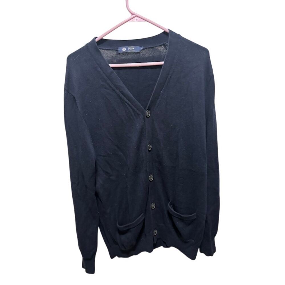 J Crew Cardigan Sweater Mens Large Navy Blue Button Front Pockets Classic Casual